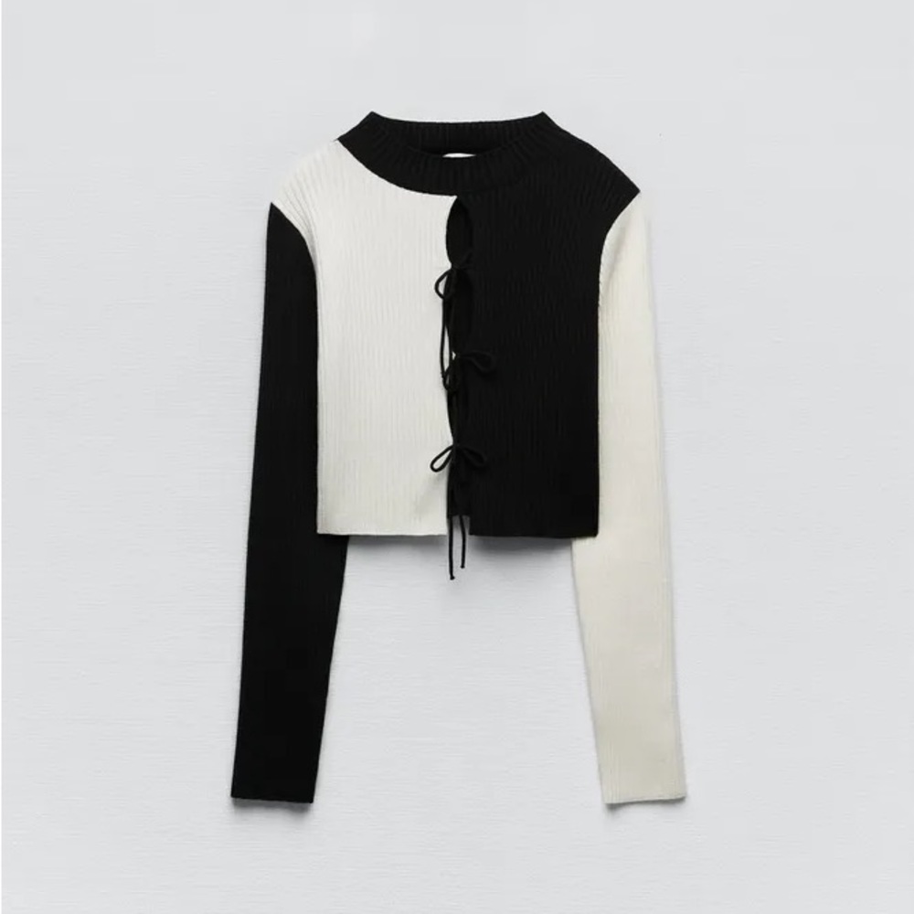 Zara Bow Trim Long Sleeve Sweater Top NWT